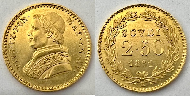 Stato Pontificio, Pio IX, 2,50 Scudi 1861 Roma qFDC